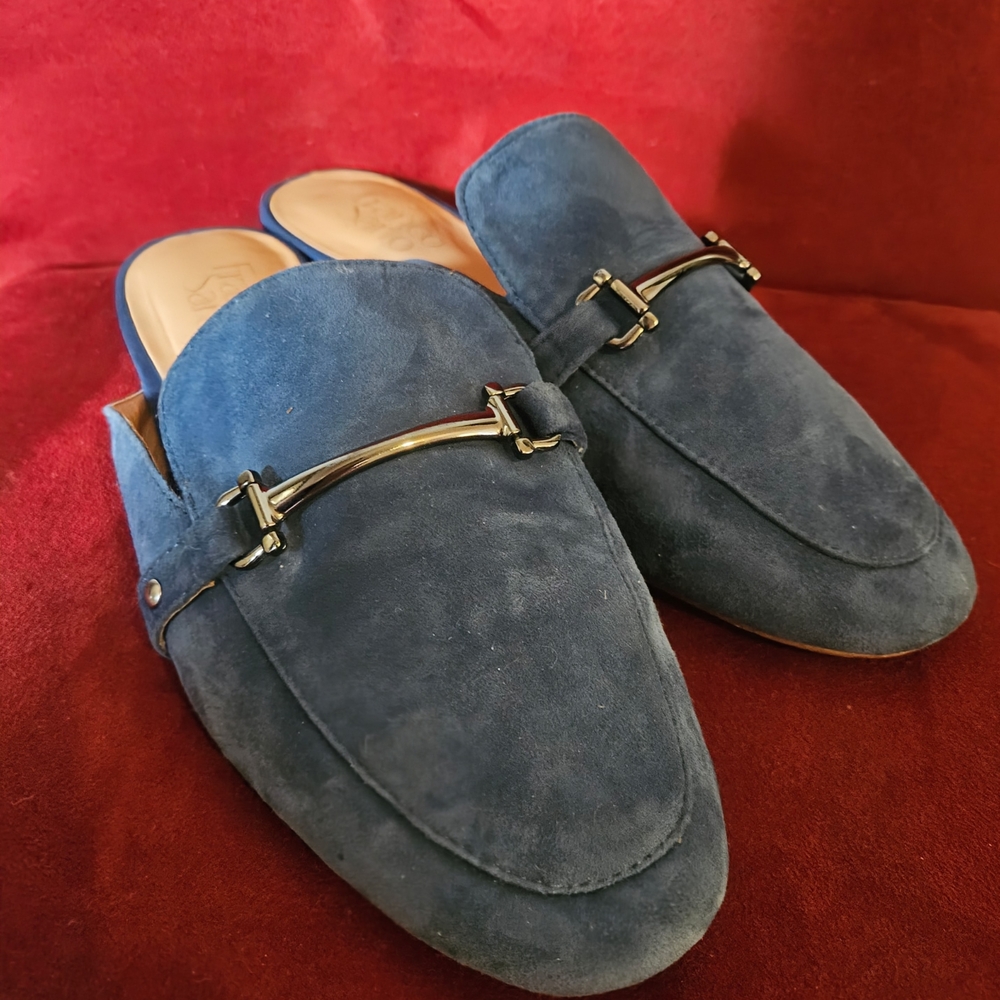 FRANCO SARTO Blue Suede Mules with Buckle sz7
